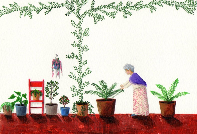 La abuela cuidando el jardín de casa